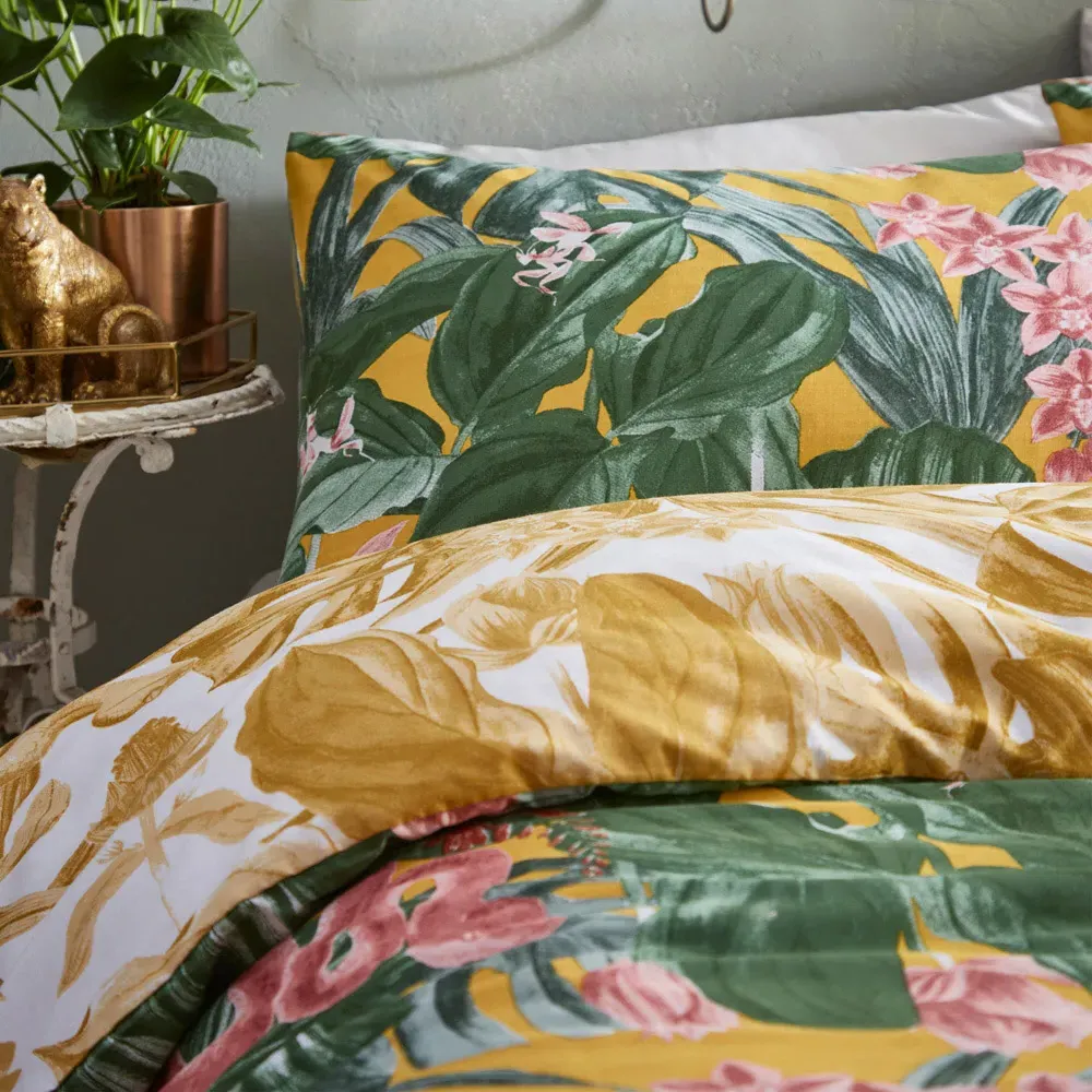 Medinilla Super King Size Duvet Cover Set - Mustard, Polycotton