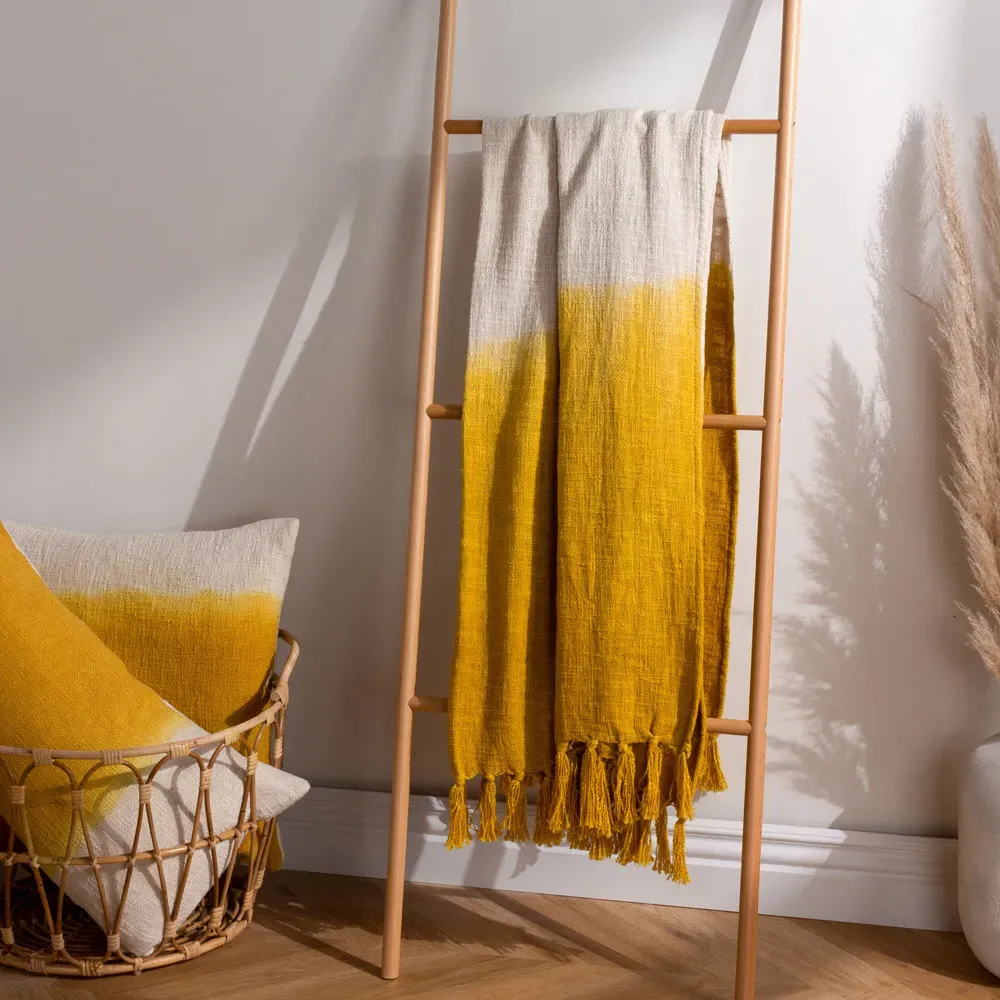 Mizu Dip Dye Tasselled Throw - Yellow, Cotton
