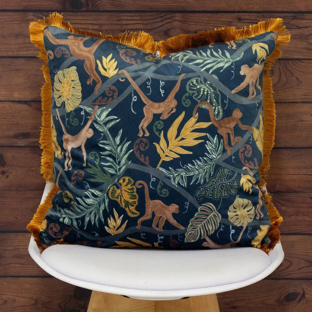 Monkey Forest Jungle Cushion with Fringe - Blue
