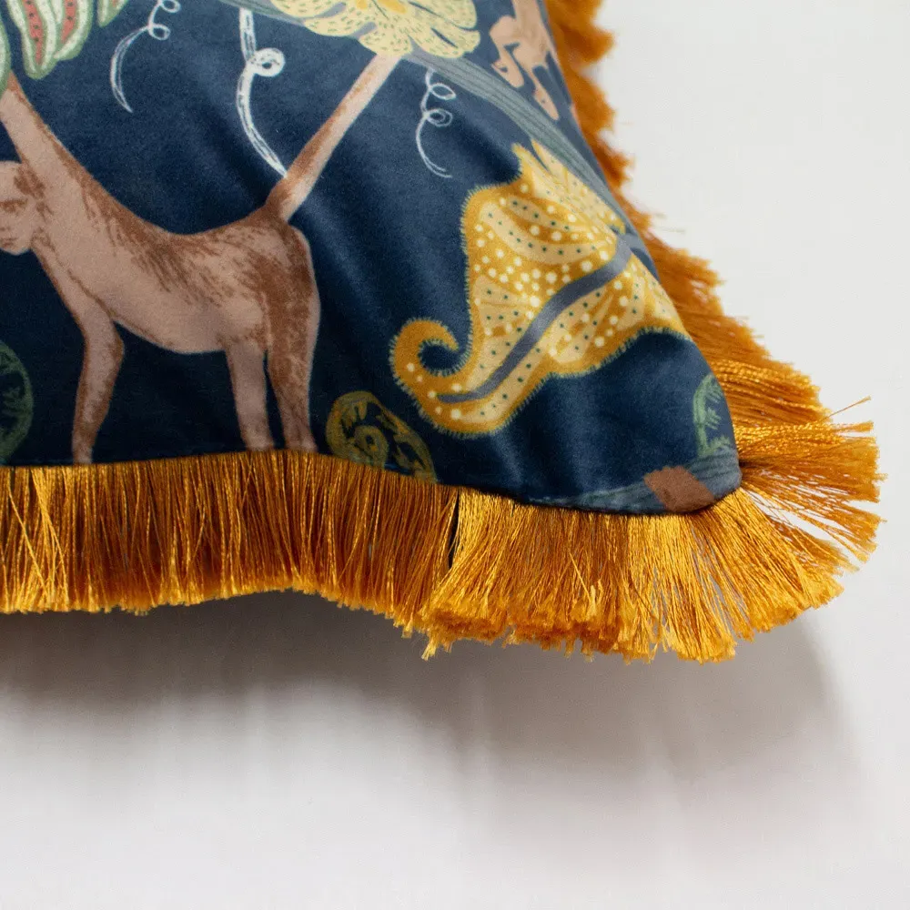 Monkey Forest Jungle Cushion with Fringe - Blue