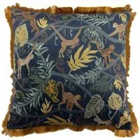 Monkey Forest Jungle Cushion with Fringe - Blue