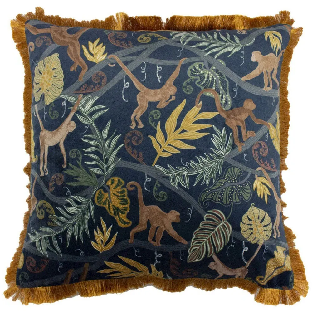 Monkey Forest Jungle Cushion with Fringe - Blue image
