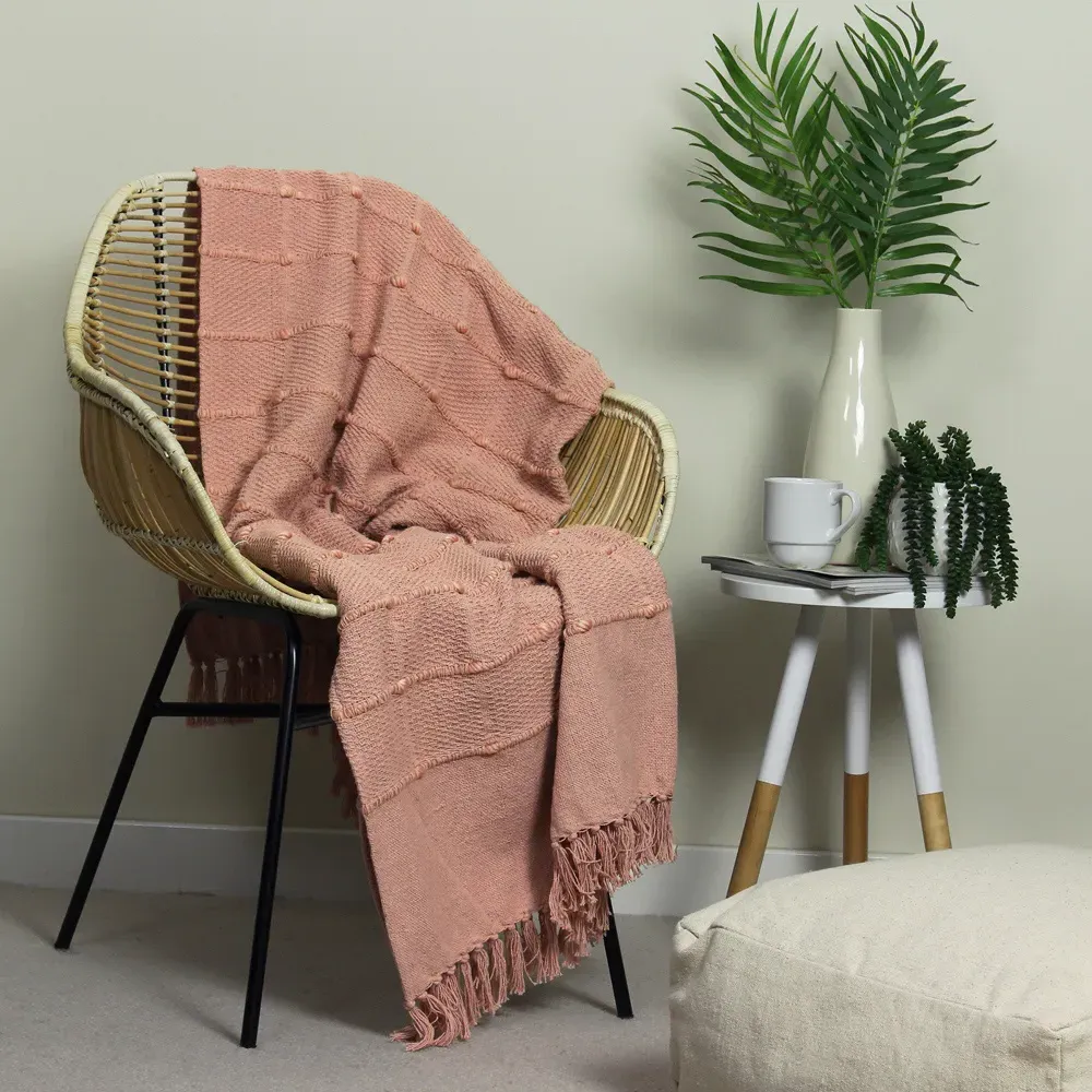 Motti Woven Tufted Stripe Throw - Blush Pink, Cotton