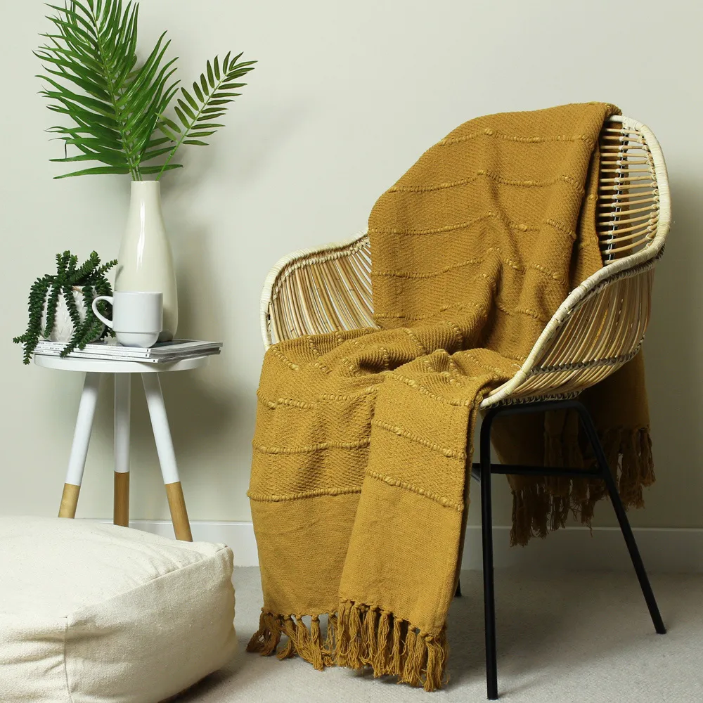 Motti Woven Tufted Stripe Throw - Ochre, Cotton