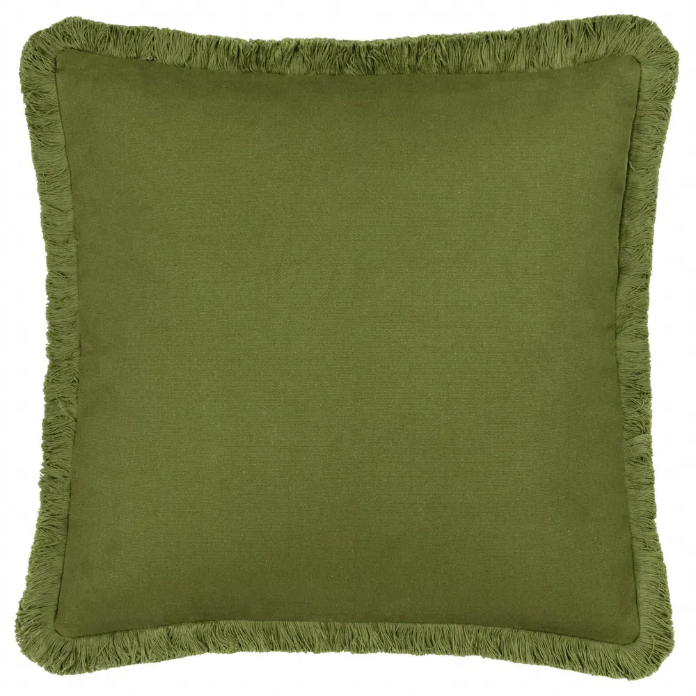 Palm Embroidered Cushion with Fringe - Green, Polyester