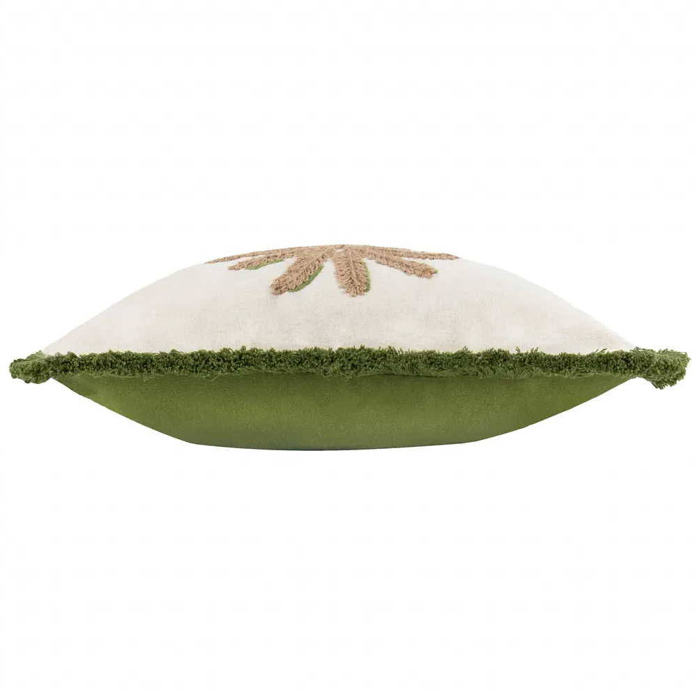 Palm Embroidered Cushion with Fringe - Green, Polyester