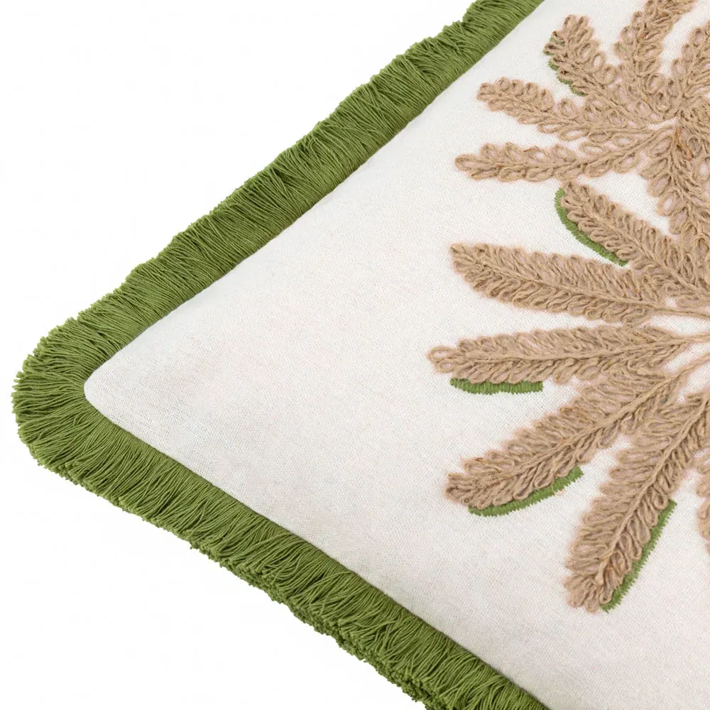 Palm Embroidered Cushion with Fringe - Green, Polyester