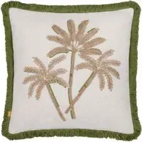 Palm Embroidered Cushion with Fringe - Green, Polyester