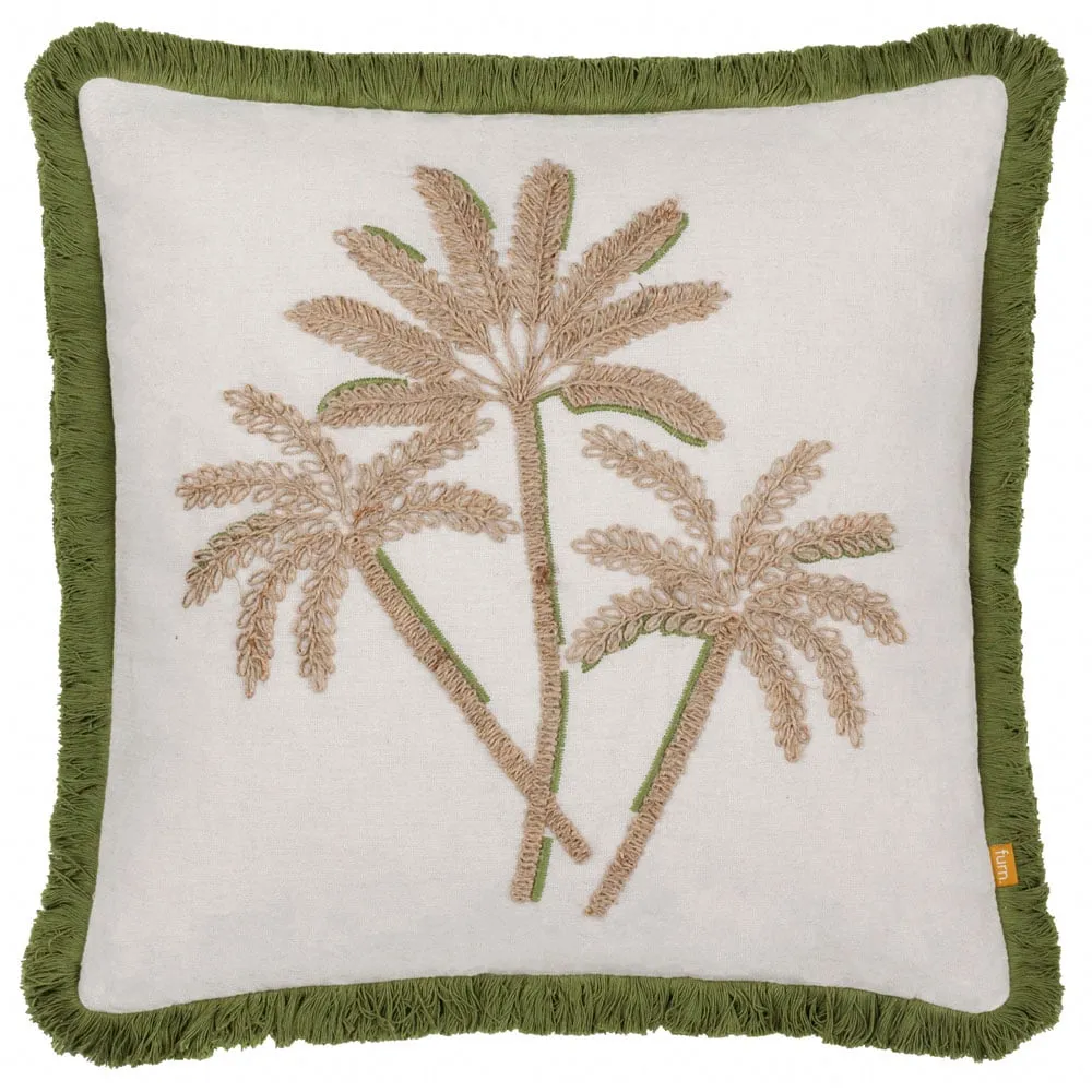 Palm Embroidered Cushion with Fringe - Green, Polyester