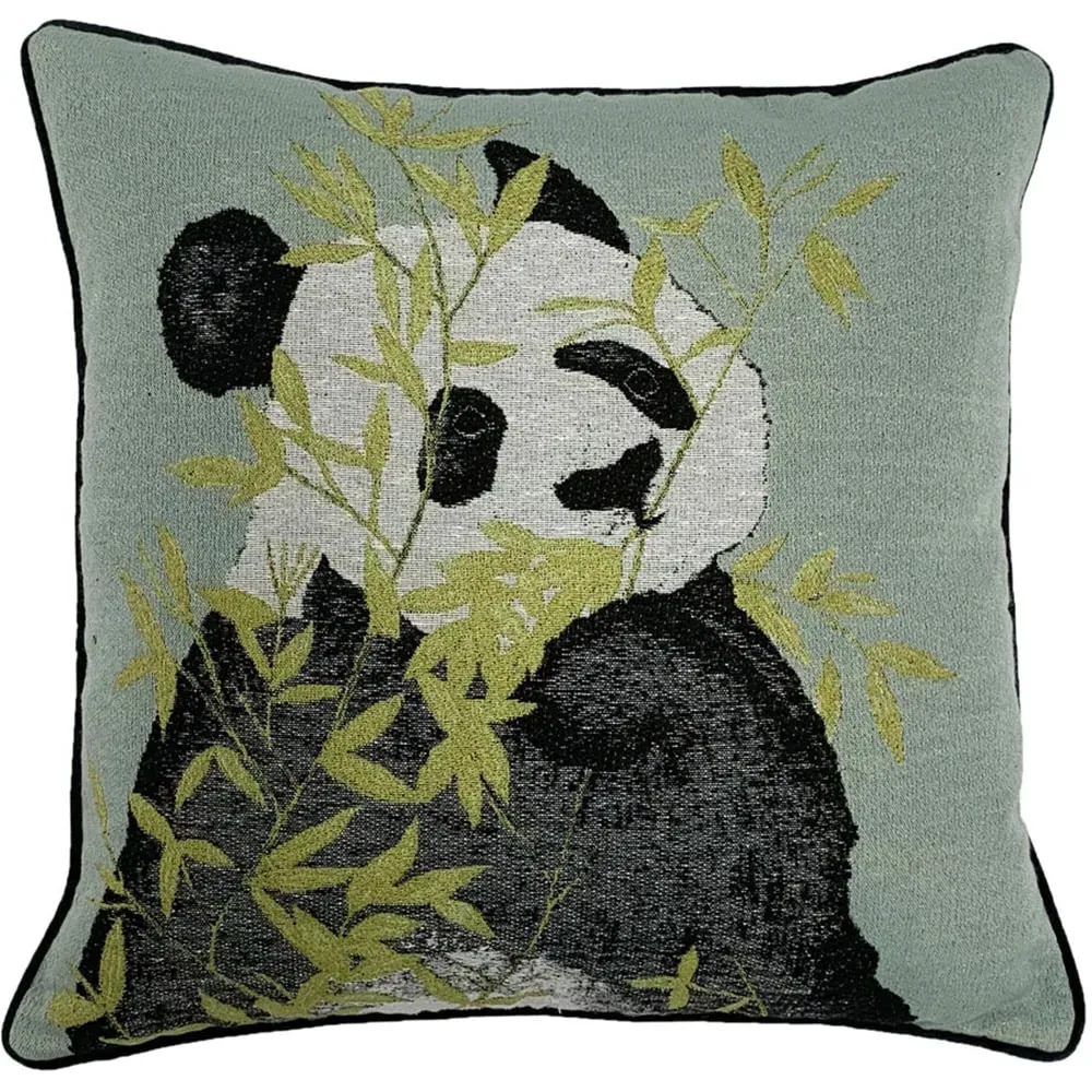 Pandas Jacquard Cushion with Piped Edging - Green image