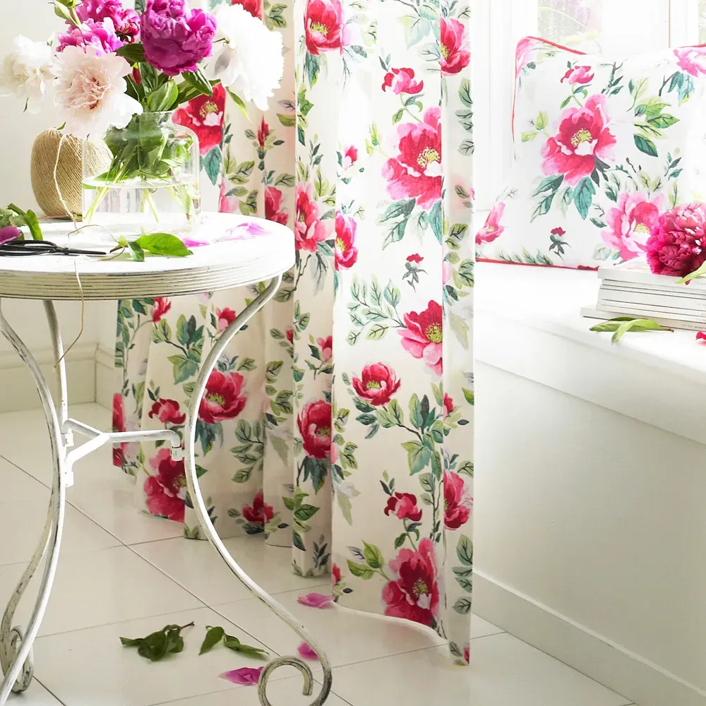 Peony Floral Pencil Pleat Curtain - Fuchsia, Cotton