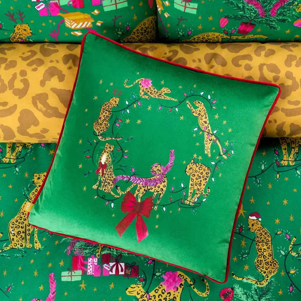 Purrfect Green and Gold Leaping Leopards Velvet Piped Cushion - Multi, Velvet