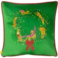 Purrfect Green and Gold Leaping Leopards Velvet Piped Cushion - Multi, Velvet