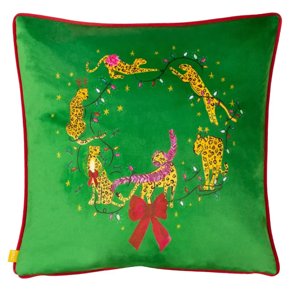 Purrfect Green and Gold Leaping Leopards Velvet Piped Cushion - Multi, Velvet