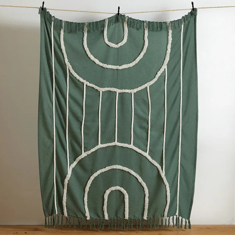 Rainbow Tuft Tasselled Throw - Green, Cotton