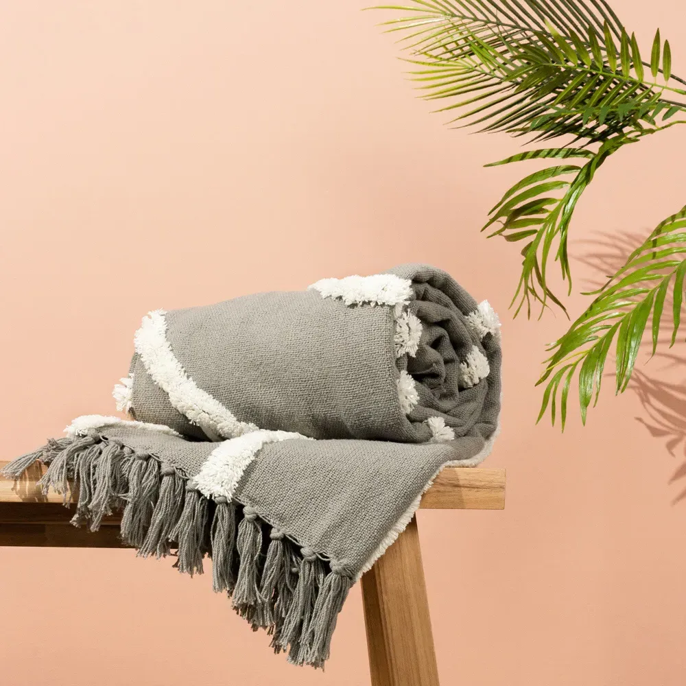 Rainbow Tuft Tasselled Throw - Grey, Cotton