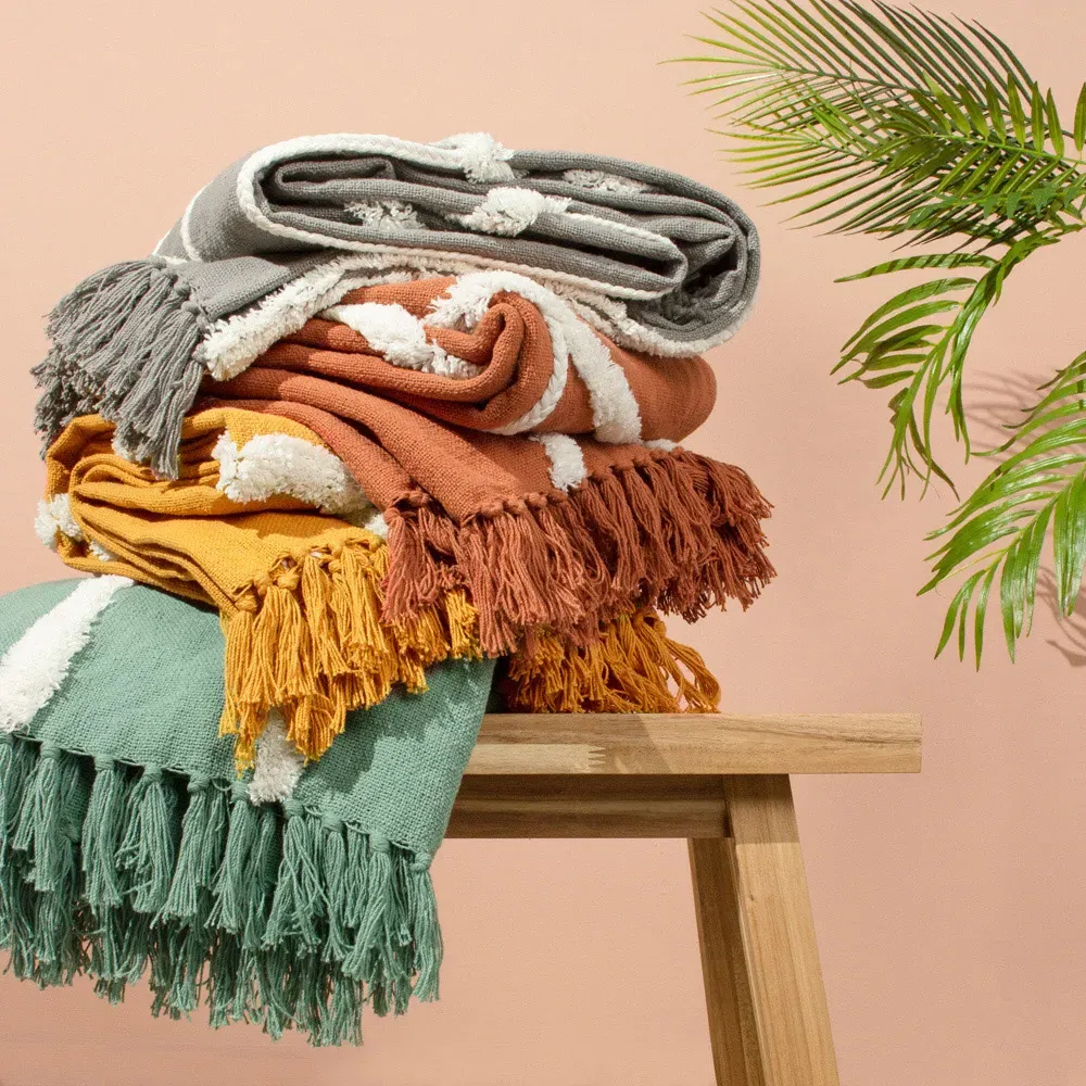 Rainbow Tuft Tasselled Throw - Red, Cotton