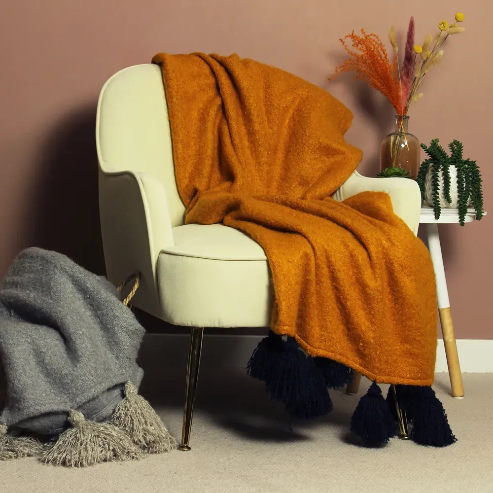 Romily Tasselled Throw - Gold, Navy