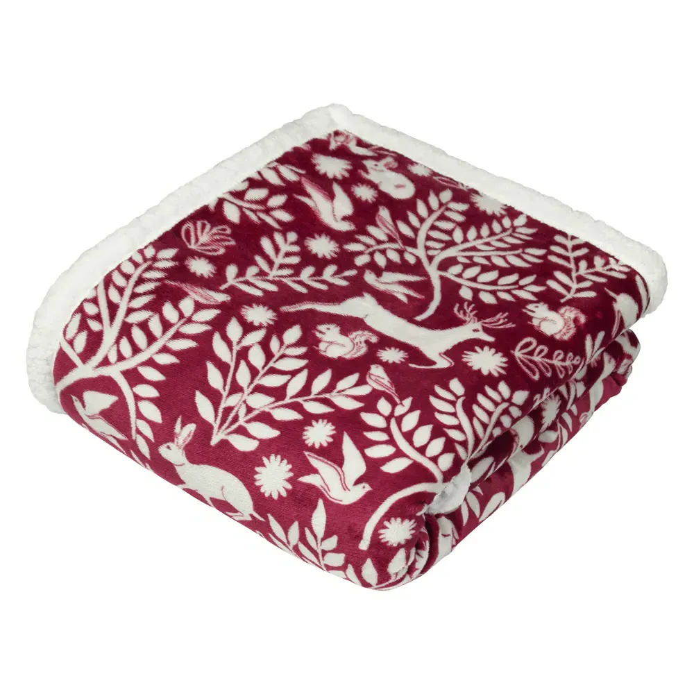 Scandi Berry Woodland Fleece Throw - Red