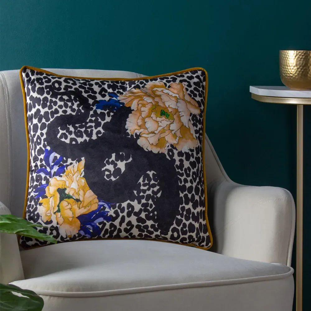 Serpentine Animal Print Cushion - Ochre Blue, Polyester