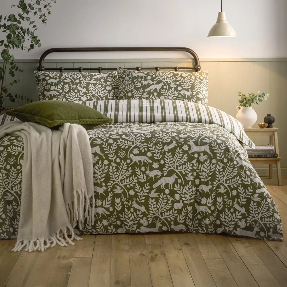 Skandi Woodland Double Duvet Set - Green, Brushed Cotton