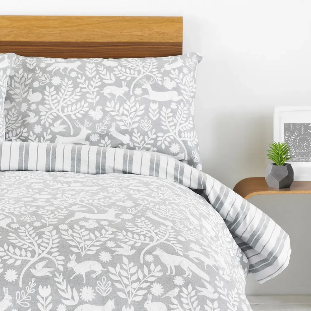 Skandi Woodland Double Duvet Set - Grey, Brushed Cotton