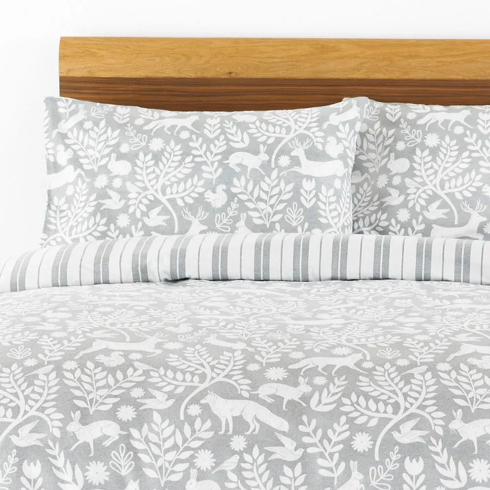 Skandi Woodland Double Duvet Set - Grey, Brushed Cotton