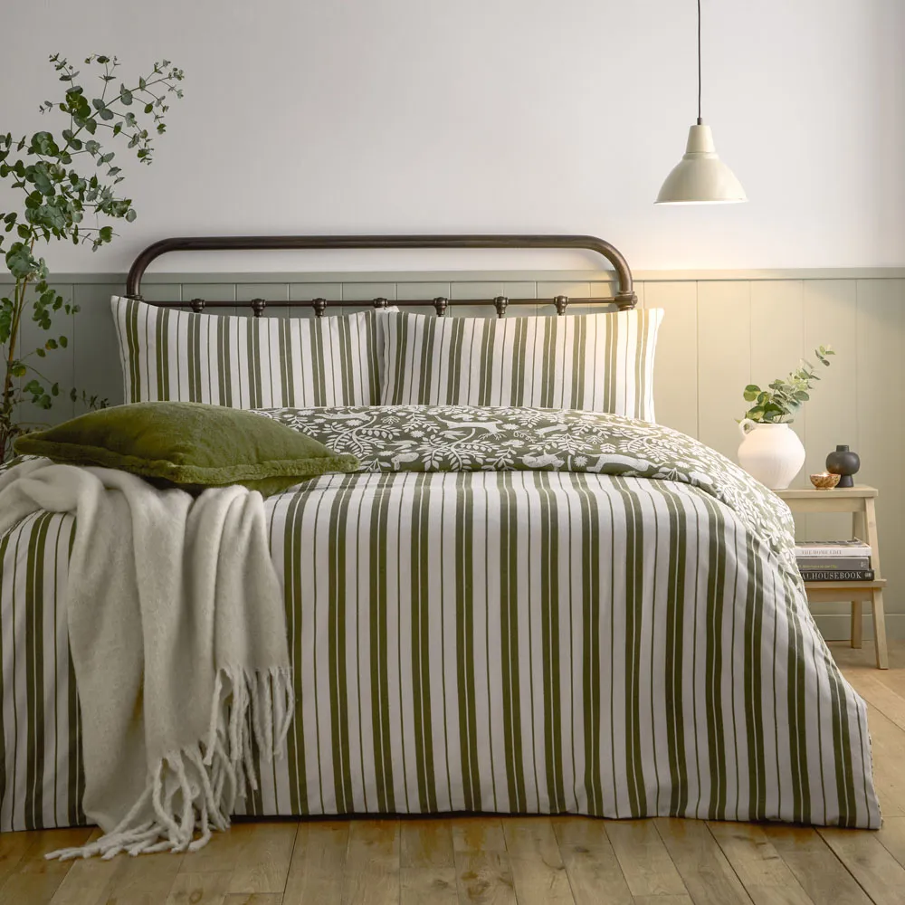 Skandi Woodland King Size Duvet Set - Green, Brushed Cotton