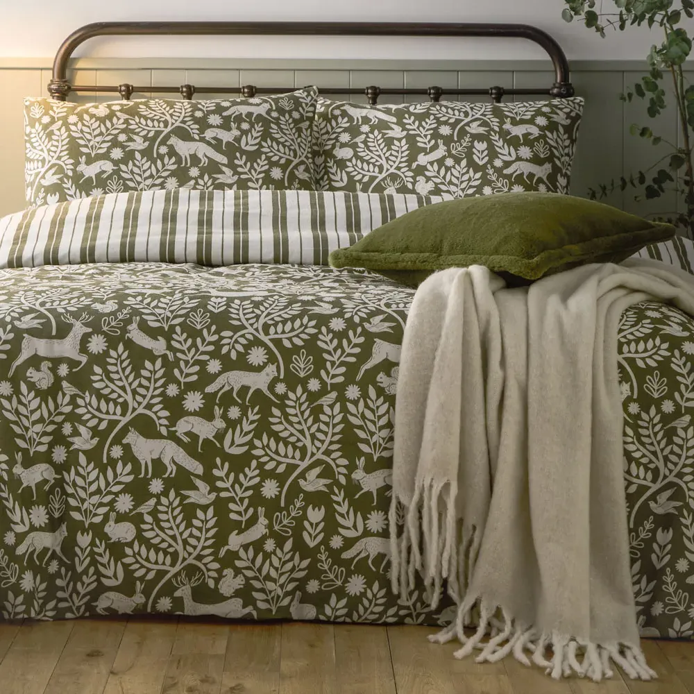 Skandi Woodland King Size Duvet Set - Green, Brushed Cotton