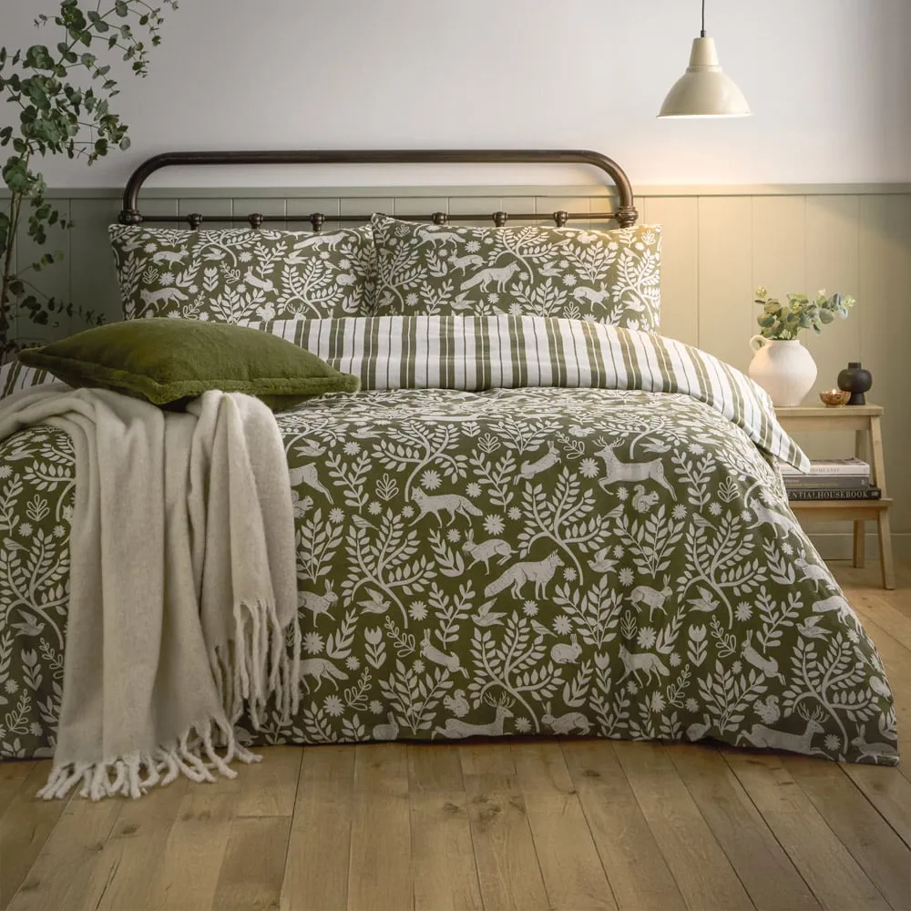 Skandi Woodland King Size Duvet Set - Green, Brushed Cotton