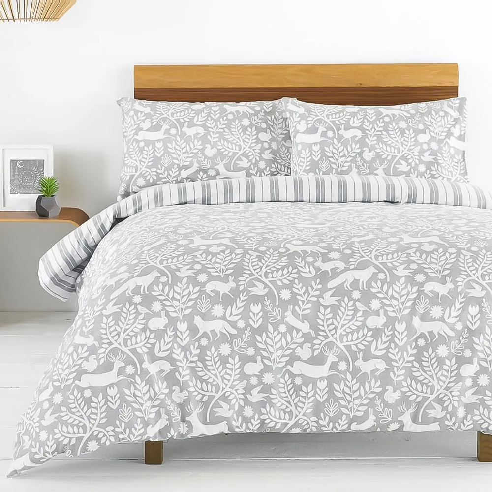 Skandi Woodland King Size Duvet Set - Grey, Brushed Cotton
