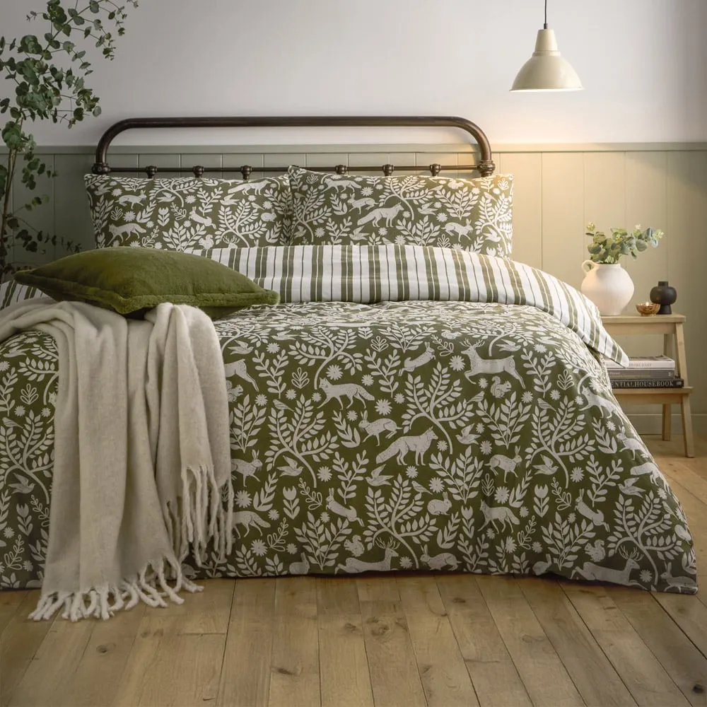 Skandi Woodland Single Duvet Set - Green, Brushed Cotton