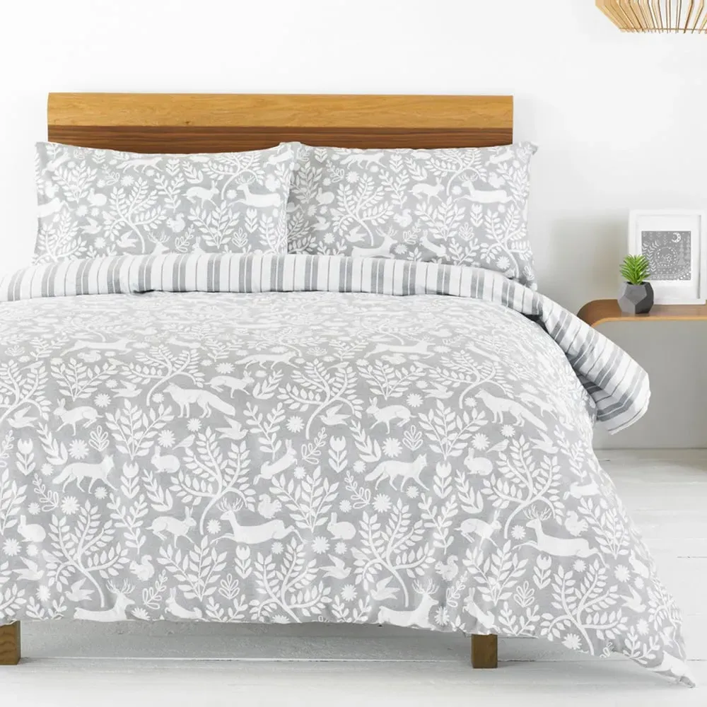 Skandi Woodland Super King Size Duvet Set - Grey, Brushed Cotton