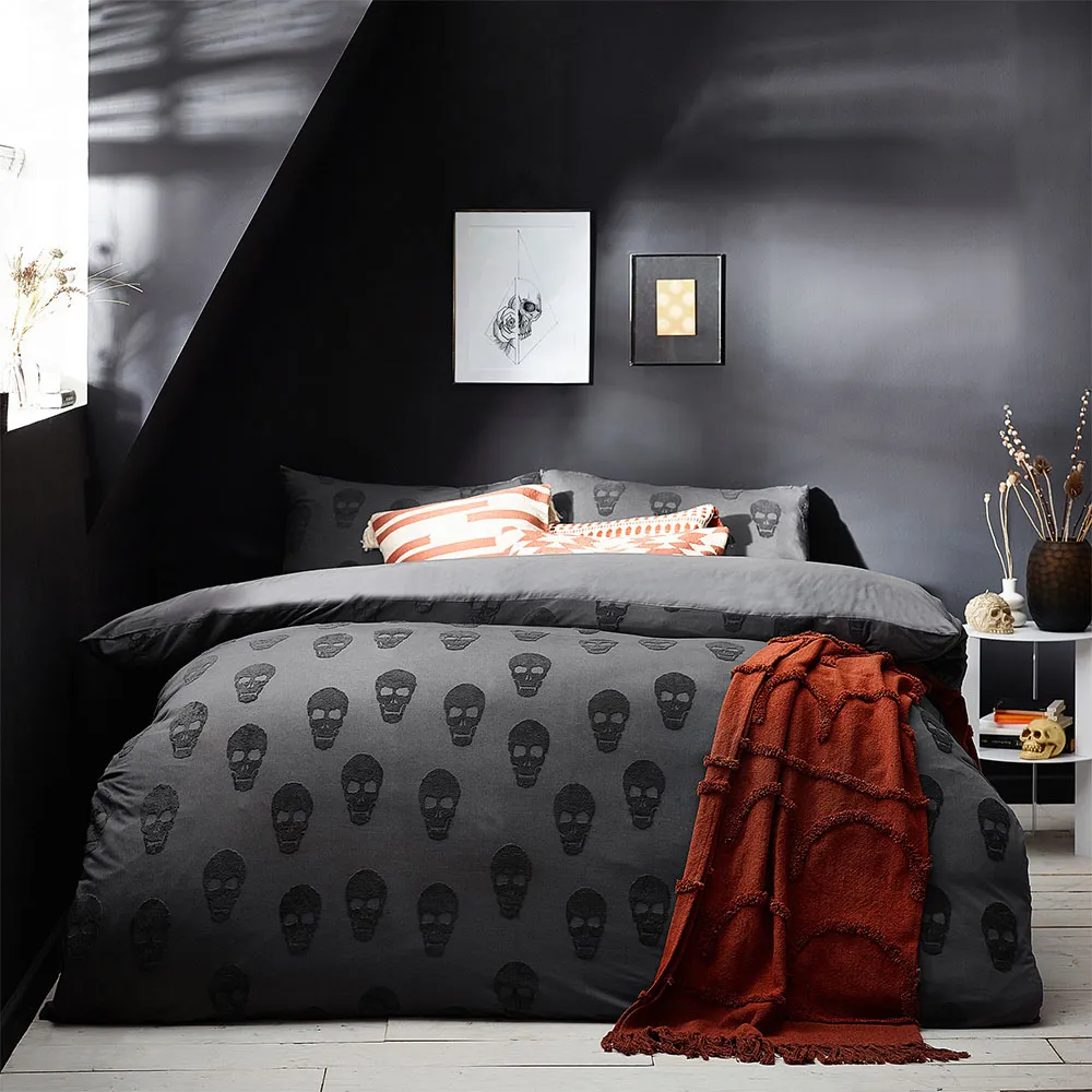 Skulls Double Duvet Cover Set - Charcoal, Cotton