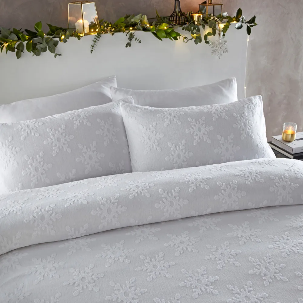 Snowflake Super King Size Duvet Cover Set - White, Cotton