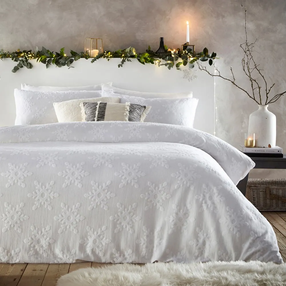Snowflake Super King Size Duvet Cover Set - White, Cotton
