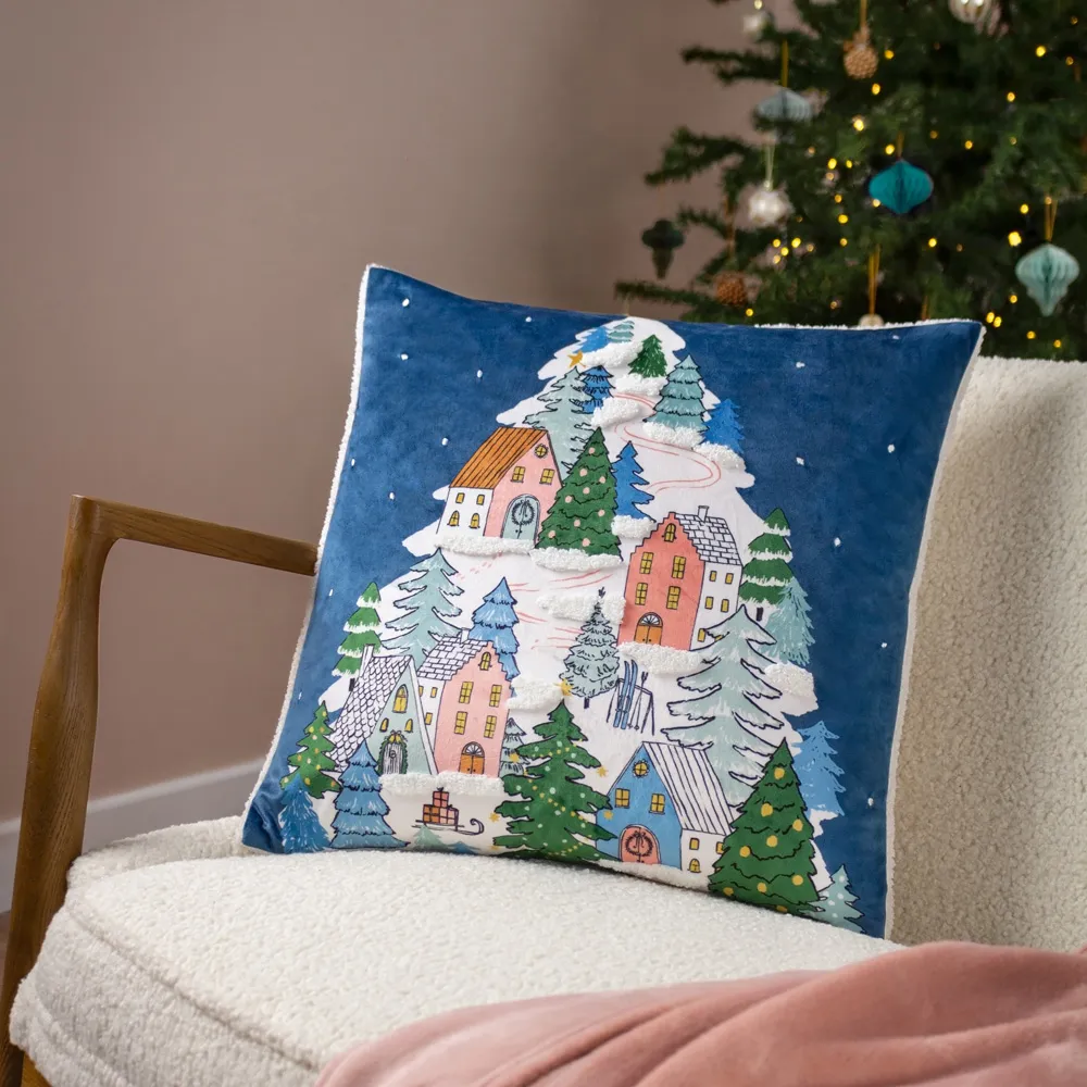 Snowy Village Tree Boucle Cushion - Multi, Polyester