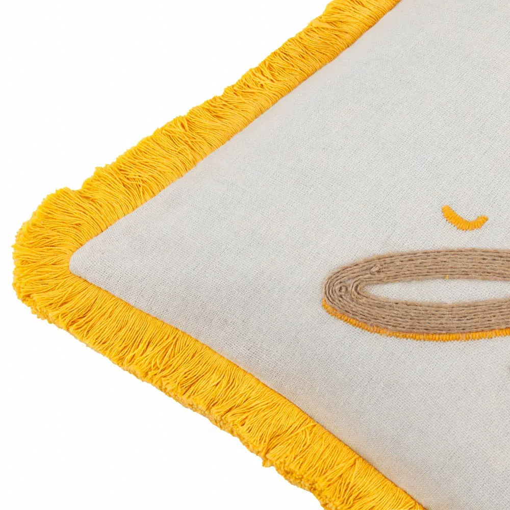 Soleil Embroidered Cushion with Fringe - Yellow, Polyester