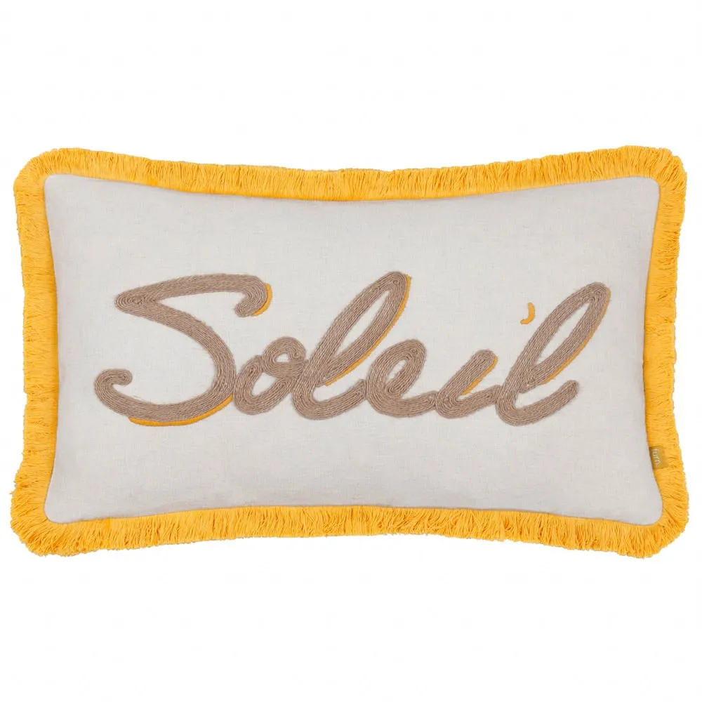 Soleil Embroidered Cushion with Fringe - Yellow, Polyester image