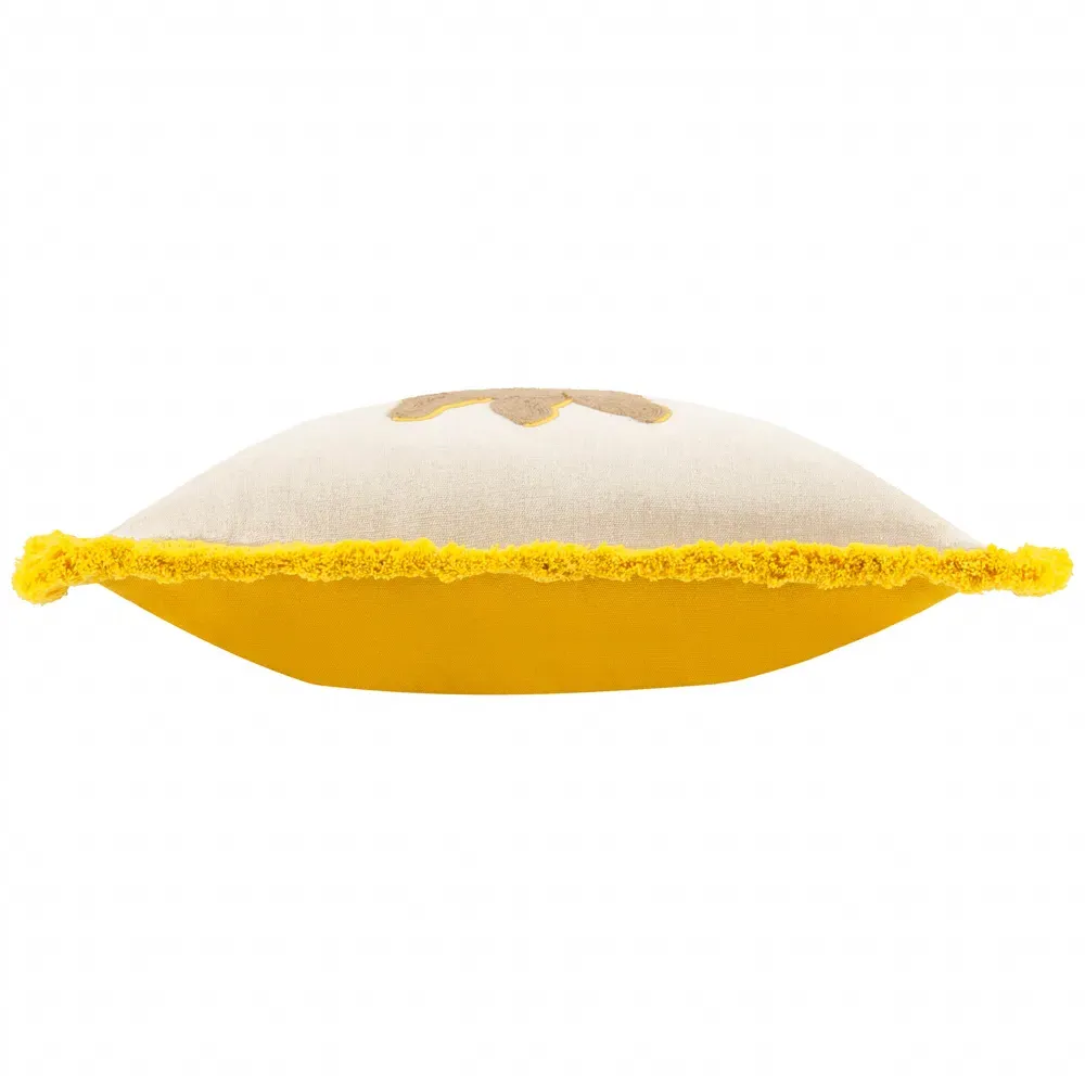 Sun Embroidered Cushion with Fringe - Yellow, Polyester