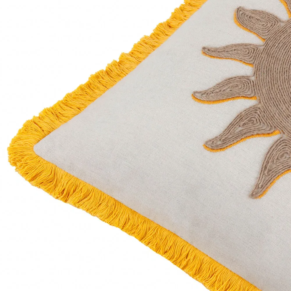 Sun Embroidered Cushion with Fringe - Yellow, Polyester