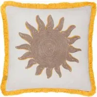 Sun Embroidered Cushion with Fringe - Yellow, Polyester