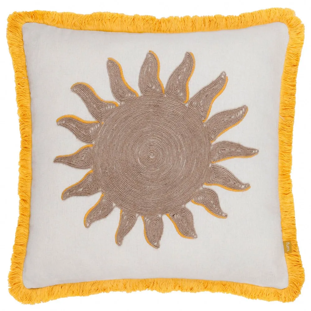 Sun Embroidered Cushion with Fringe - Yellow, Polyester