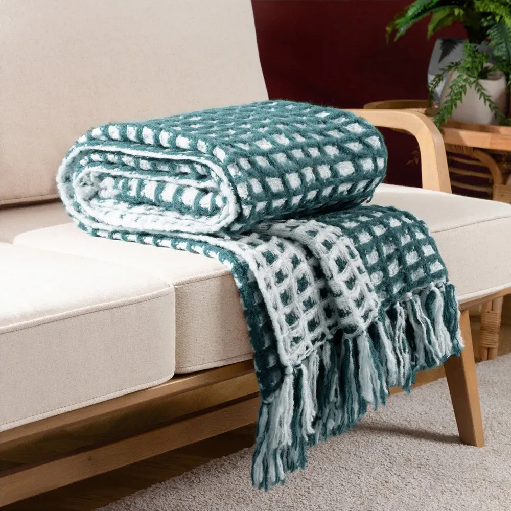 Toasty Waffle Throw with Tassels - Teal, Acrylic
