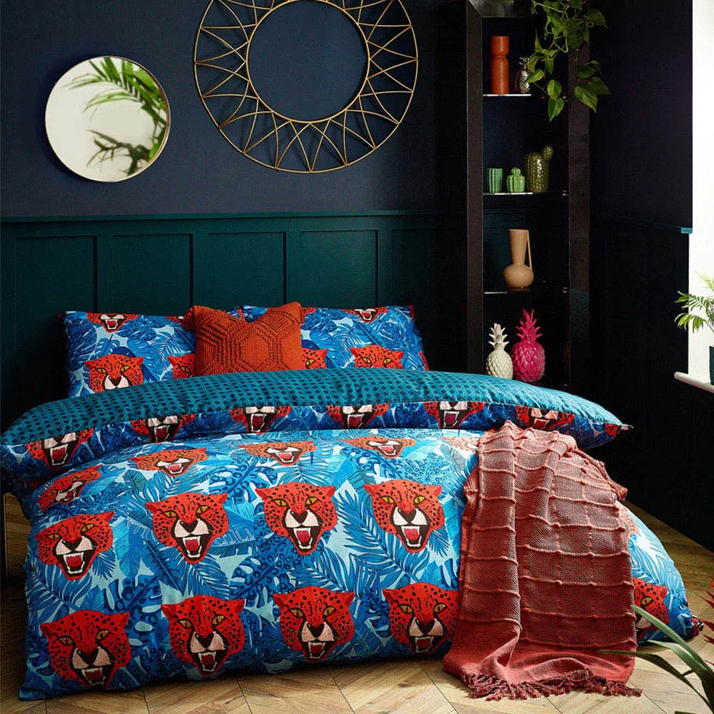 Untamed Single Cheetah Botanical Duvet Cover Set - Blue image