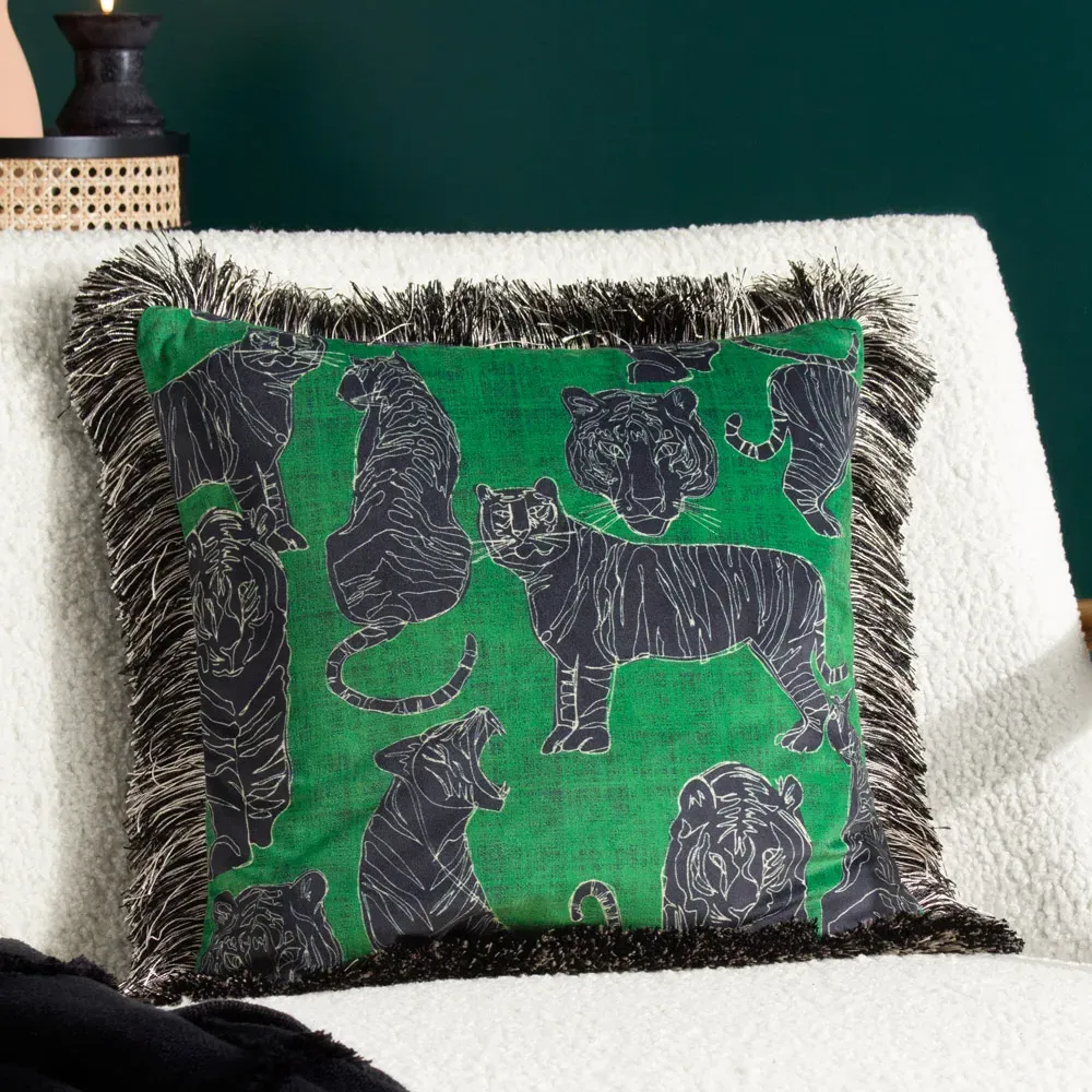 Wildcat Jungle Velvet Fringed Cushion - Green