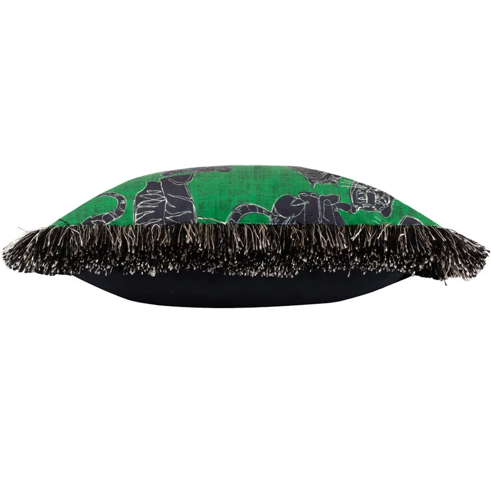 Wildcat Jungle Velvet Fringed Cushion - Green
