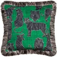 Wildcat Jungle Velvet Fringed Cushion - Green