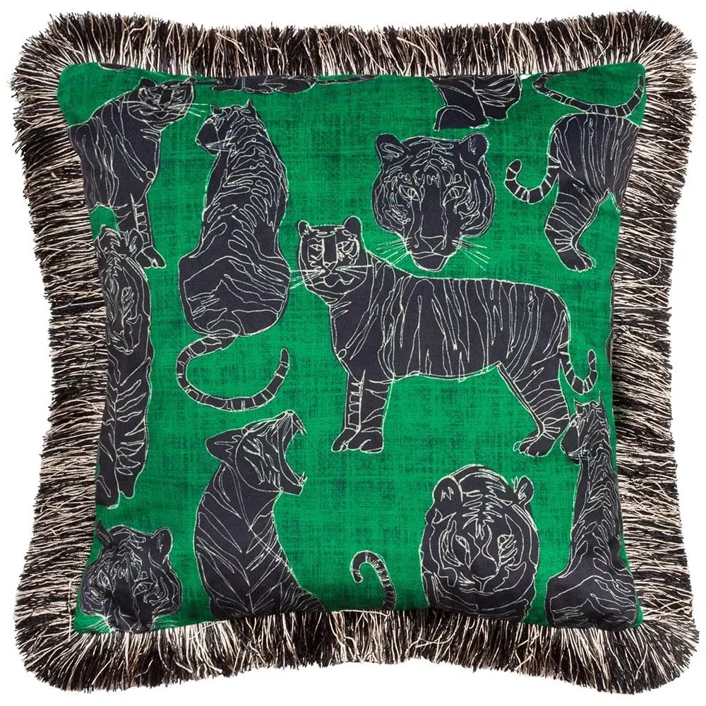Wildcat Jungle Velvet Fringed Cushion - Green image