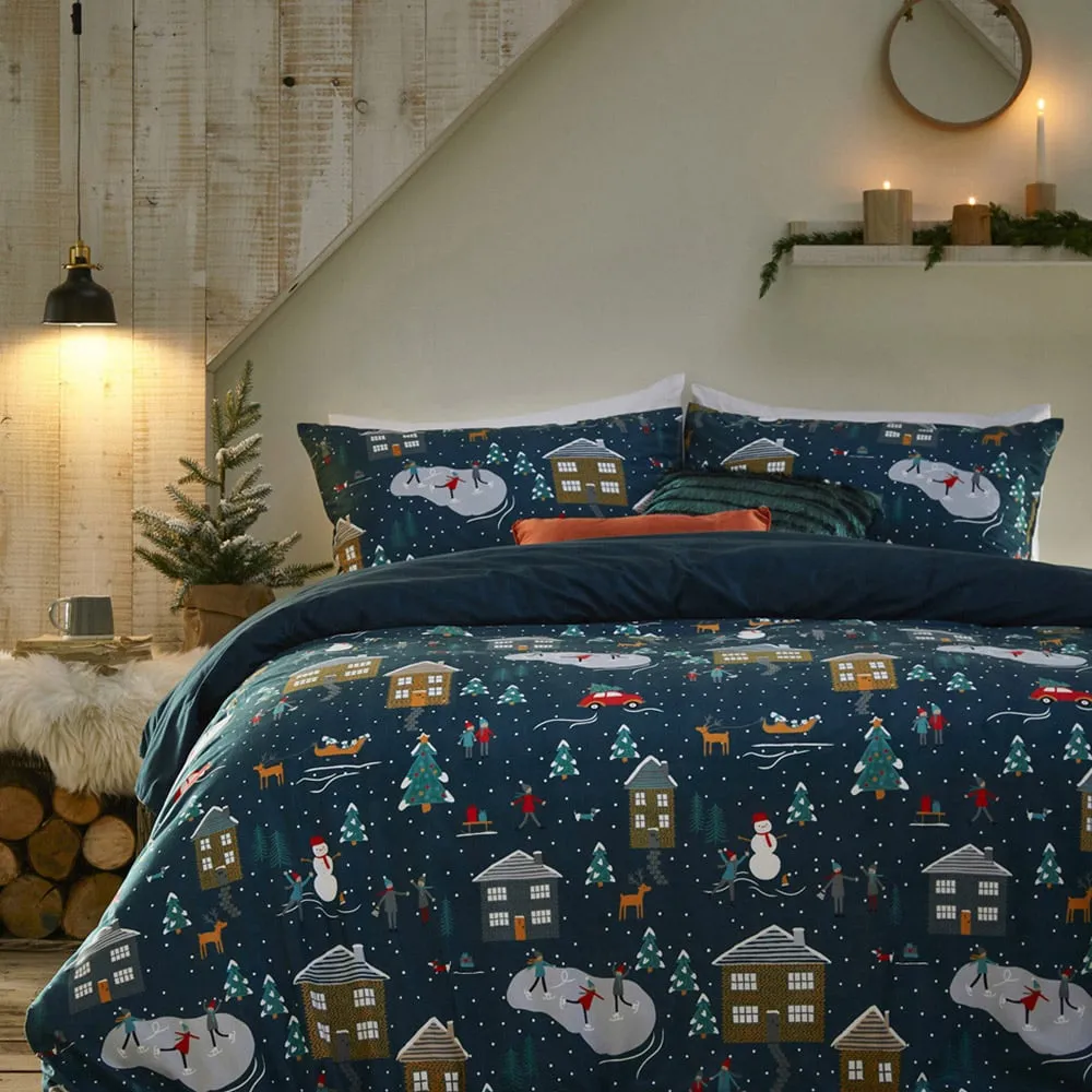 Winter Pines Double Duvet Cover Set - Navy, Fleece